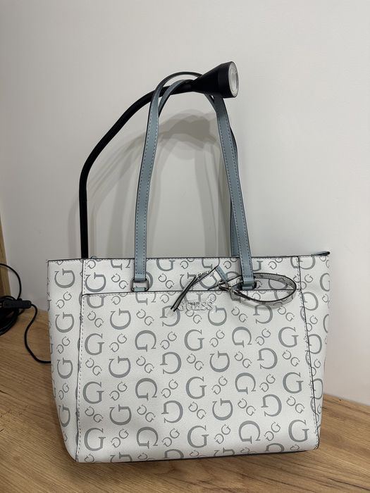Oryginalna torebka Guess niebieska kremowa duża torba shopper bag