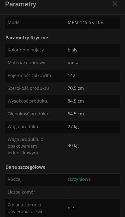 Zamrażarka wolnostojąca MPM-145-SK-10E