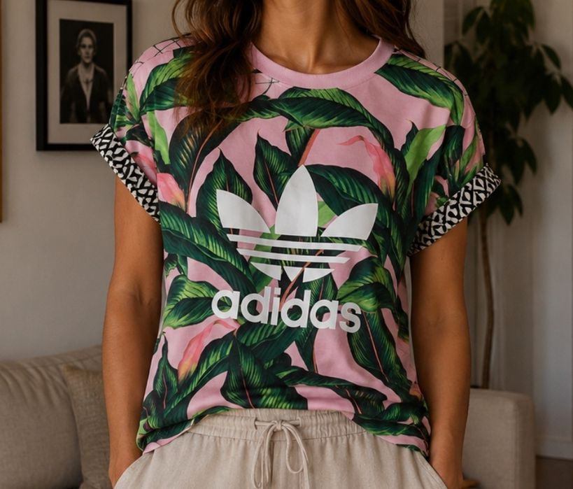 Adidas wzór tropikalne liście koszulka sportowa krótki rękaw M