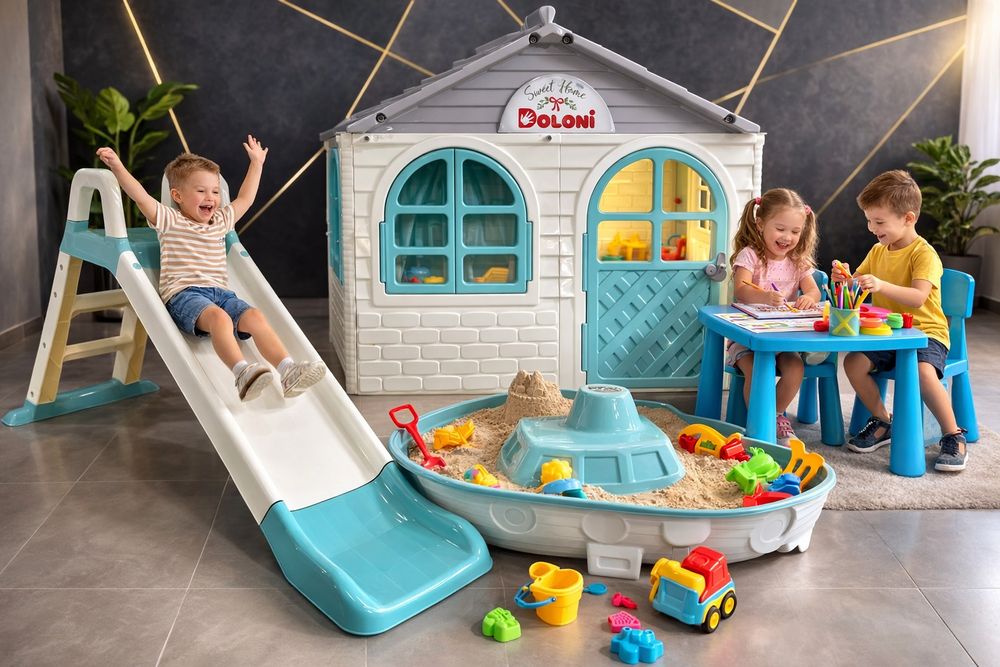 Набір для дітей будиночок гірка,пісочниця з накриттям,Будиночок,гірка