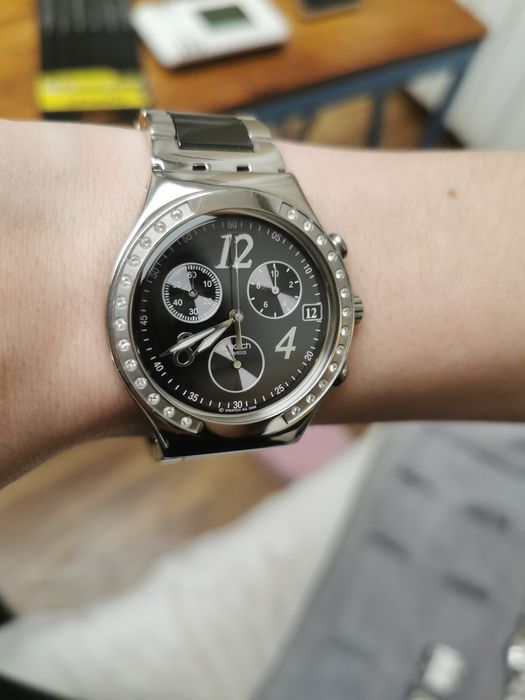 Zegarek swatch irony chrono srebrny czarny że stoperem