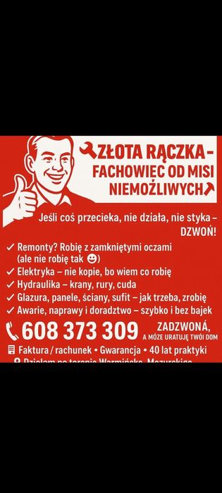 Remont odAdoZ,Hydraulika,Elektryka,Glazura.Złota Rączka.Konserwator.