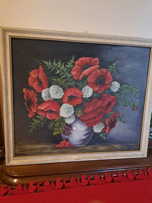 Obraz olej na płótnie kwiaty w wazonie  sygnatura  prl vintage