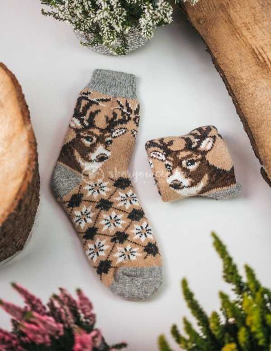 Brązowe skarpety z sarenką, wykonane z wełny króliczej 25-30cm