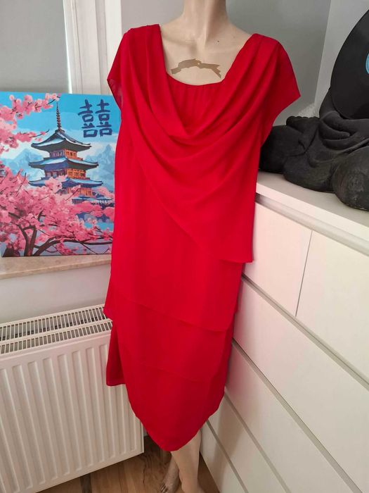 46 XXXL BPC Selection bonprix midi czerwona sukienka wieczorowa na wesele vintage wizytowa szyfonowa retro koktajlowa na impreze imprezowa lata 20 30