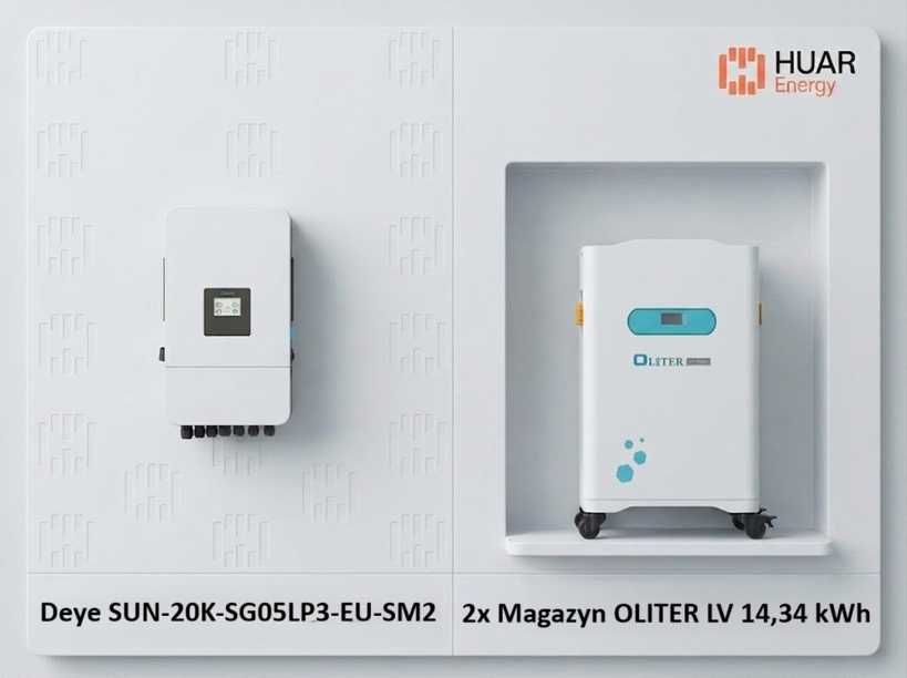 Inwerter Deye  SUN-20K-SG05LP3-EU-SM2 + Dwa Magazyny energii OLITER  NES-R48300 LV 14,34 kWh (łącznie 28,68kwh)