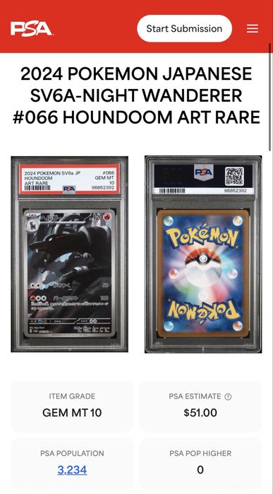 Pokémon Houndoom Art Rare 066/064 PSA 10 Gem Mint – Japanese SV6a
