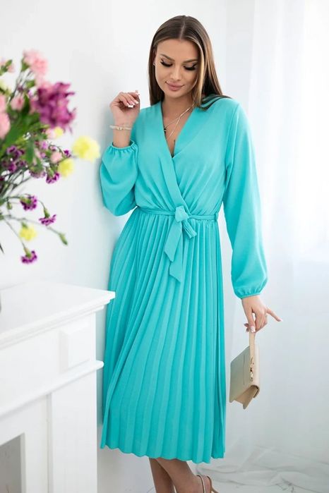 Sukienka damska miętowa plisowana midi elegancka wiązana