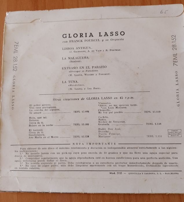 Disco 45 rpm Extrano en el Paraiso de Glória Lasso