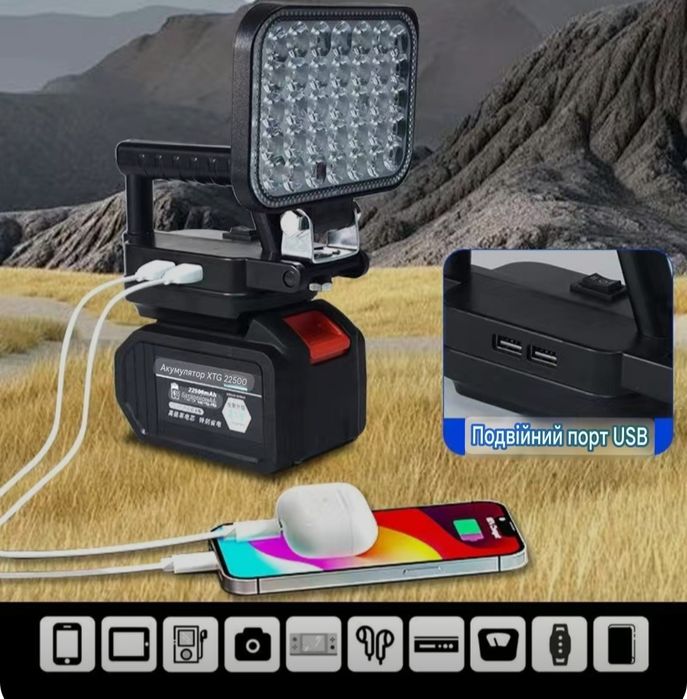 Ліхтар для акумулятора Makita, Procraft, Stromo із двома портами USB