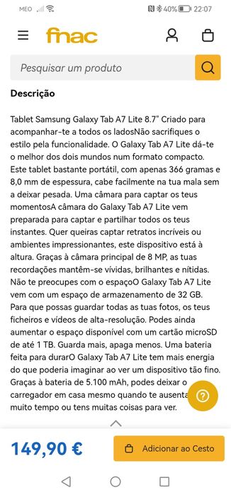 Tablet Samsung Galaxy Tab A7 Lite como novo!