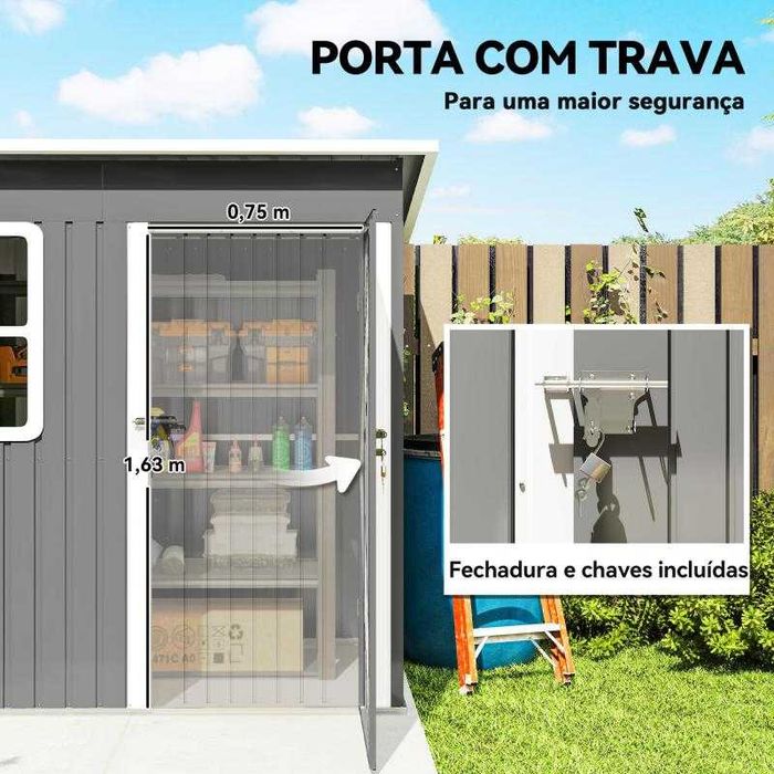 Abrigo de Jardim Metálico – 221x133x190 cm | Com Janela e Fechadura