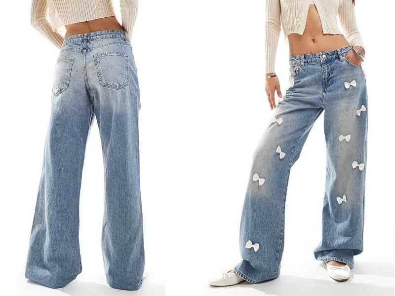 Bershka viralowe poszukiwane dżinsy z kokardami kokarda prosta nogawka