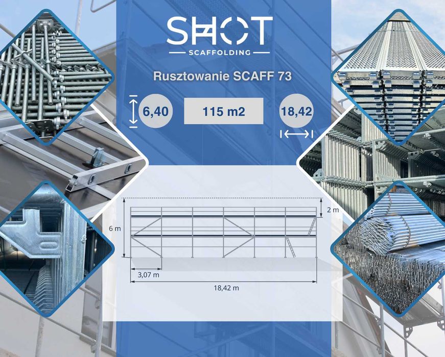 Rusztowanie elewacyjne stalowe nieużywane 6,4x18,42=115 m2 BAUMANN