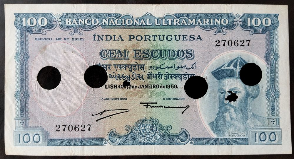 Nota 100$ 1959 Índia Portuguesa Excelente Estado Rara