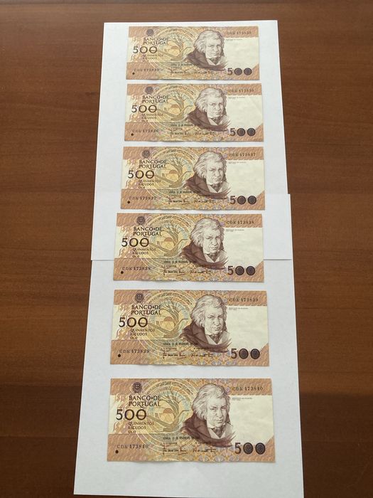 CONJUNTO 6 DE NOTAS DE 500$ MOUZINHO DA SILVEIRA NUMEROS CONSECUTIVOS