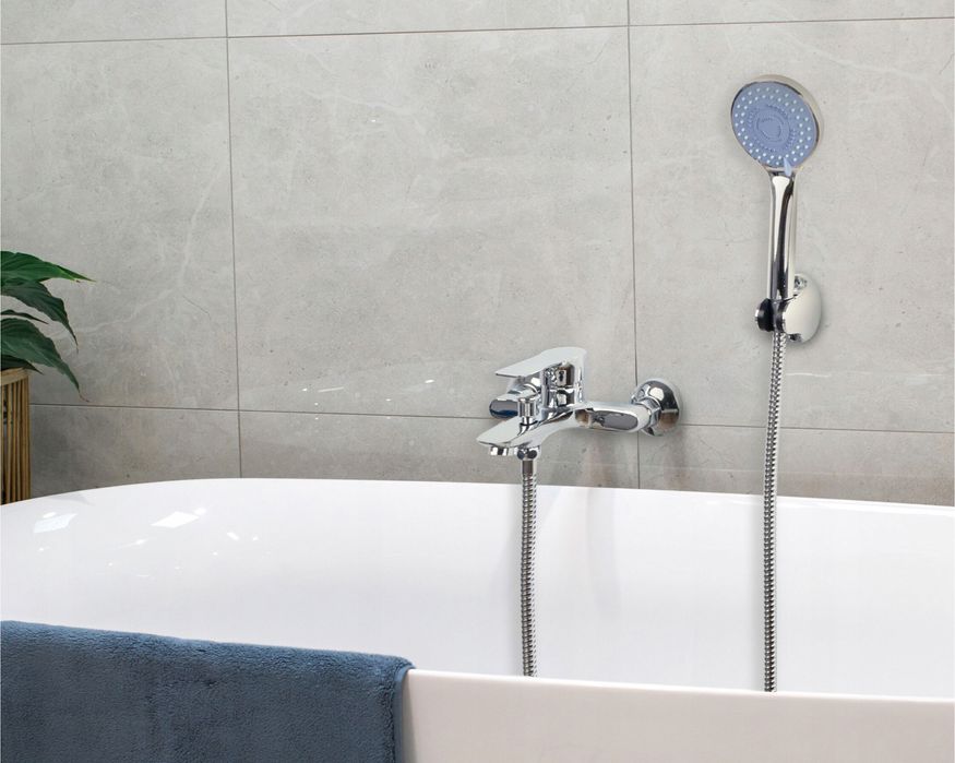 Bateria Wannowa Prysznicowa Ścienna Kran Do Wanny Wąż Słuchawka Chrom