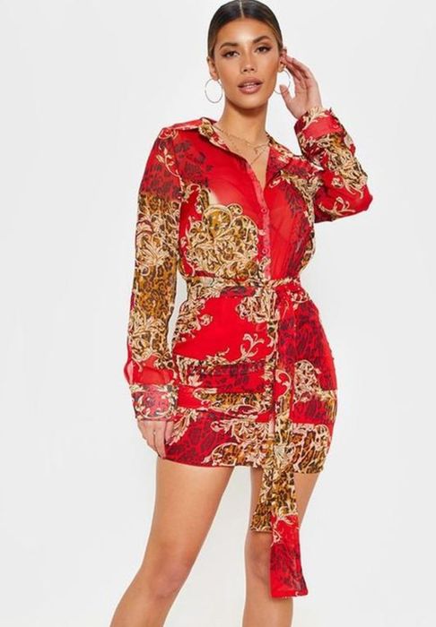 Новое яркое красное мини платье рубашка Prettylittlething PLT