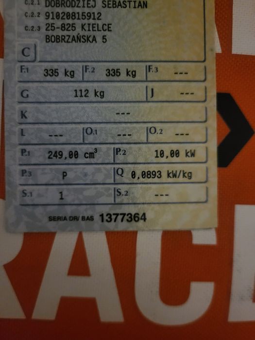 KTM EXC 250 TPI 10 kw w dowodzie