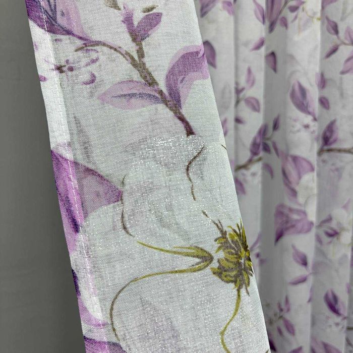 Тюль Magnolia з бузково-фіолетовим листям готовий батист під льон 150–600 см (YH85-16)