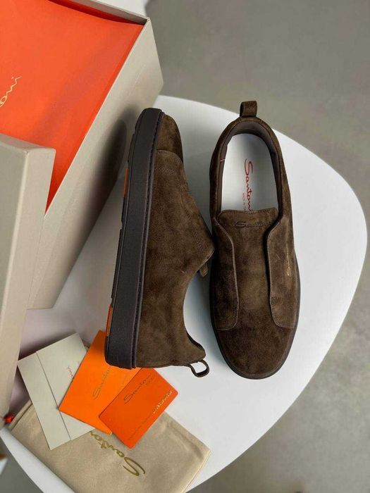 Мужские кожаные кроссовки Santoni замшевые кеды Сантони коричневые