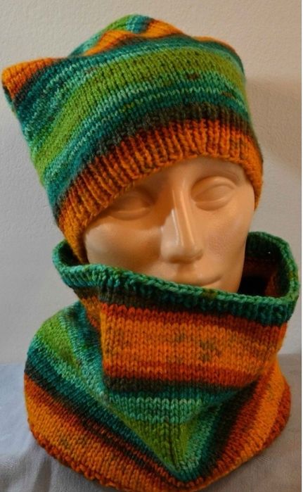 Czapka i komin handmade druty szmaragd zielony pomaranczowy
