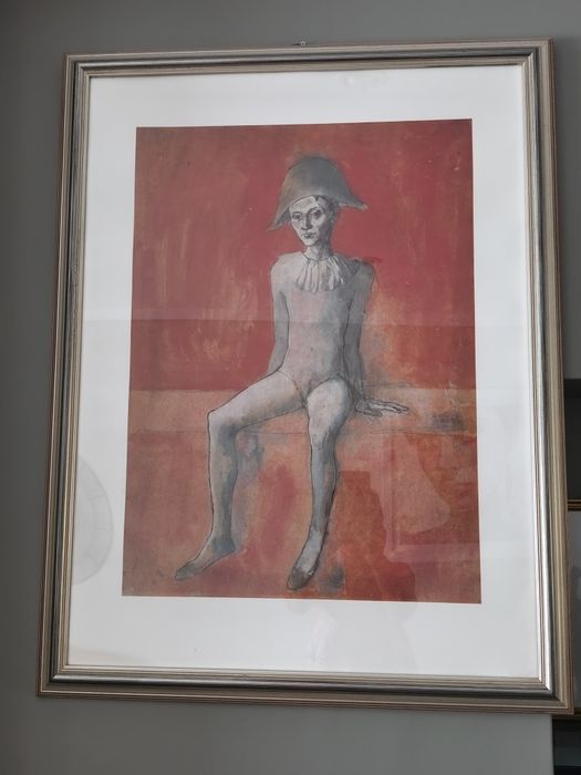 Quadro gravura Picasso Arlequim coleções Philae com moldura prateada