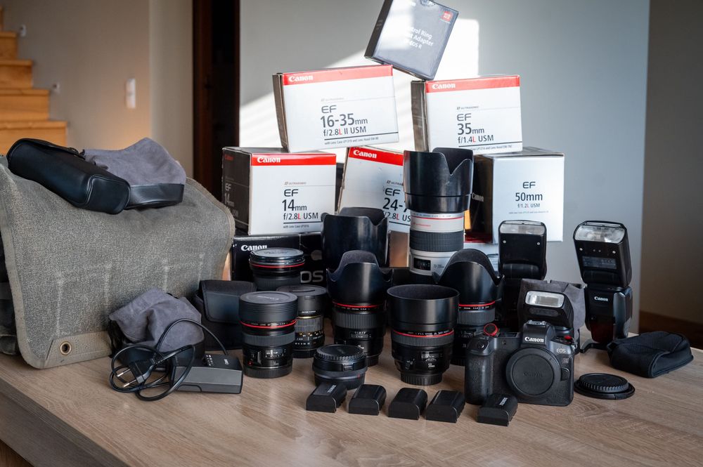Sprzedam kompletny, rozbudowany zestaw fotograficzny Canon,  pełnoklatkowym bezlusterkowcu Canon EOS R i profesjonalnych obiektywach Canon serii L.