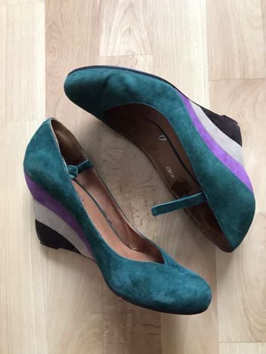 Piękne skórzane buty na koturnie,r.38,jak nowe,butelkowa zieleń