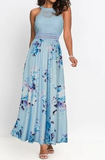 B.P.C długa sukienka w kwiaty z koronką niebieska ^48