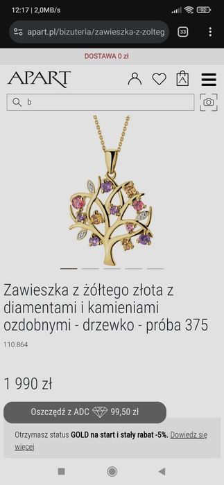 Zawieszka Apart z pozłacanym łańcuszkiem.