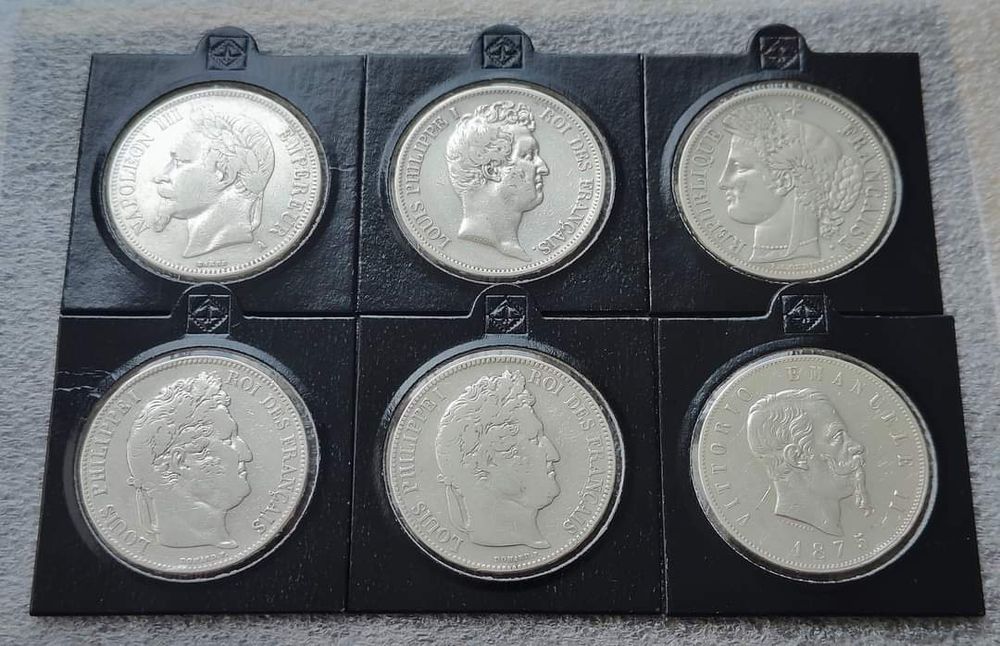 Лот ! 5 Франків та Песет різних років! Срібло! 6 монет !