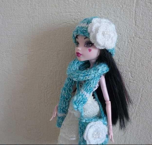 nowy komplet czapka szalik torebka na drutach dla lalki Monster high