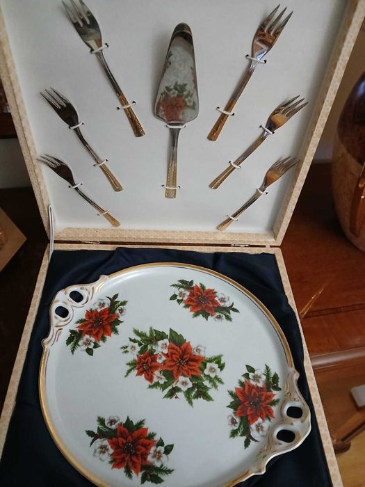 Conj. Porcelana LAJ Trovical – Prato e Talheres de Sobremesa (Vintage)