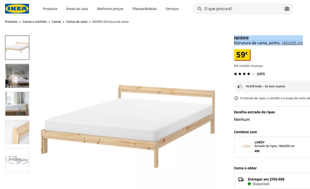 NEIDEN cama, pinho, 140x200 cm NOVO com talão