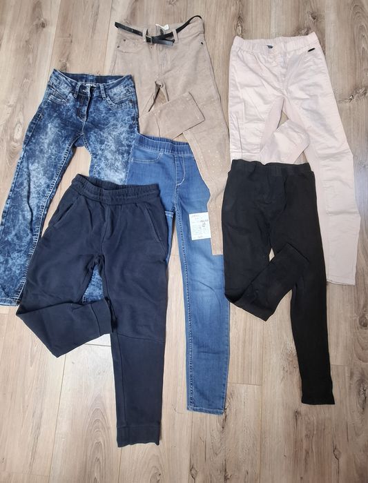 Zestaw 6x spodnie dla dziewczynki r. 134/140 – jeansy, legginsy, materiałowe