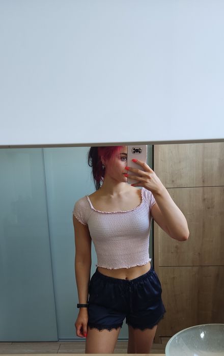 Bluzka crop top marszczona S jasnoróżowa  pudrowy róż