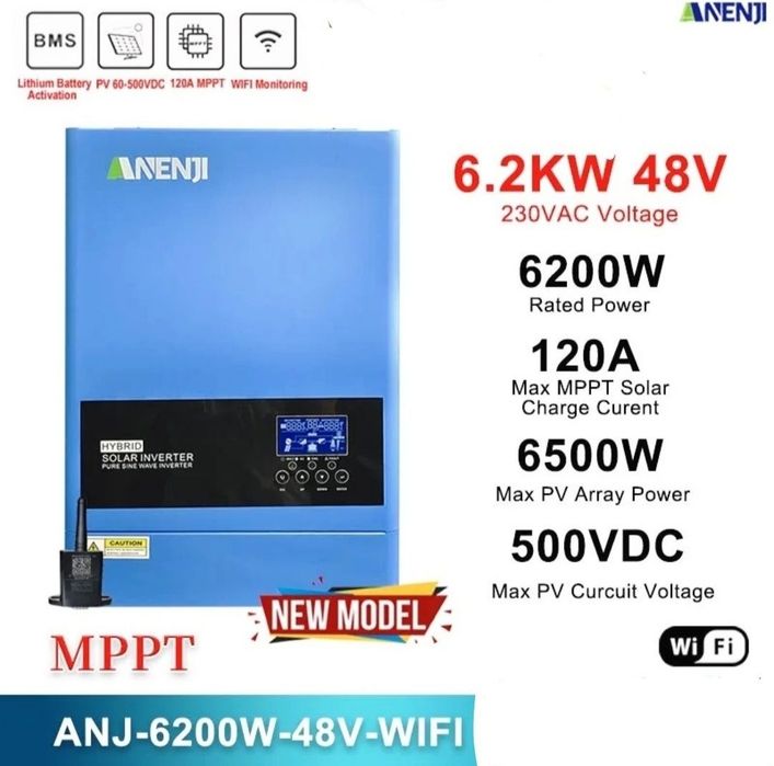 В НАЯВНОСТІ. Гібридний сонячний інвертор Anenji 6.2KW 48V +WI-FI. Новий 6.2квт