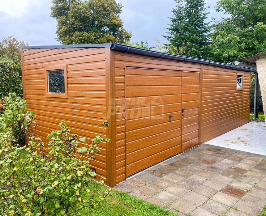 Garaż blaszany 3x7m wiata bram drewnopodobny  dach spad w przód  GP676