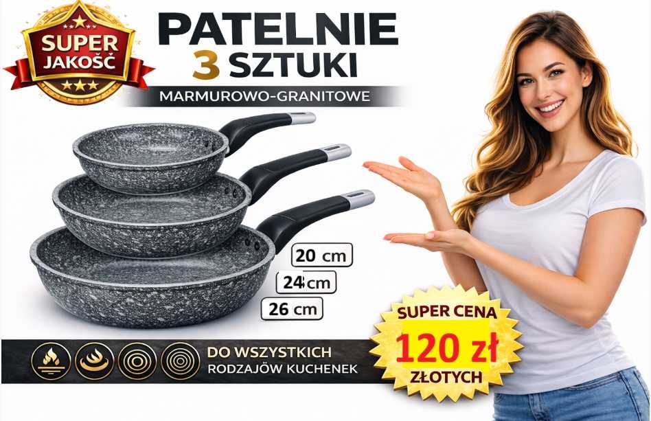 Patelnie granitowe 3 sztuki  20 24 26 cm marmurowa powłoka do indukcji