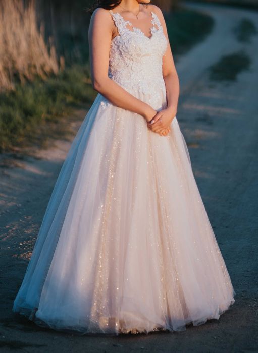 Suknia ślubna biało złota, litera A, rozm. 40, gratis dwa welony