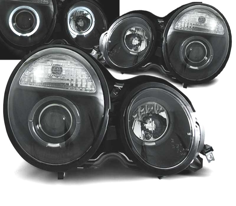 FARÓIS ANGEL EYES MERCEDES E W210 95-99 FUNDO PRETO