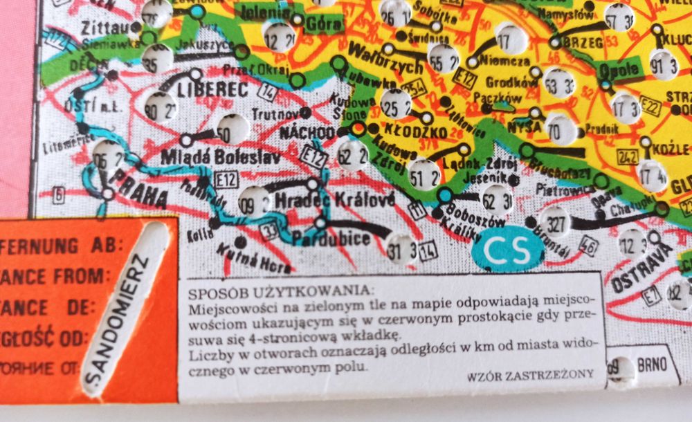 mapa Polski pokazująca dystans w km unikat PRL 22 x 15 cm