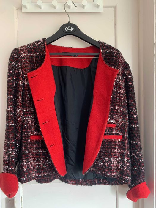 Casaco Tweed Mac Scott, 46, preto vermelho, cintado, botões vermelhos