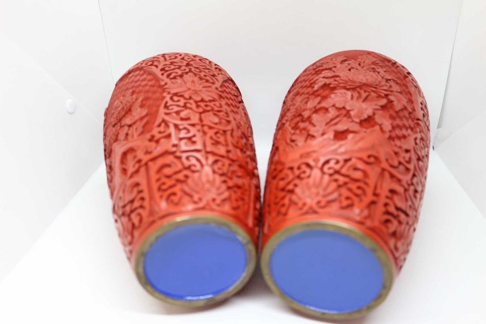 Par de Jarras Chinesas Laca Cinnabar Flores Lotus dupla face 31A cm