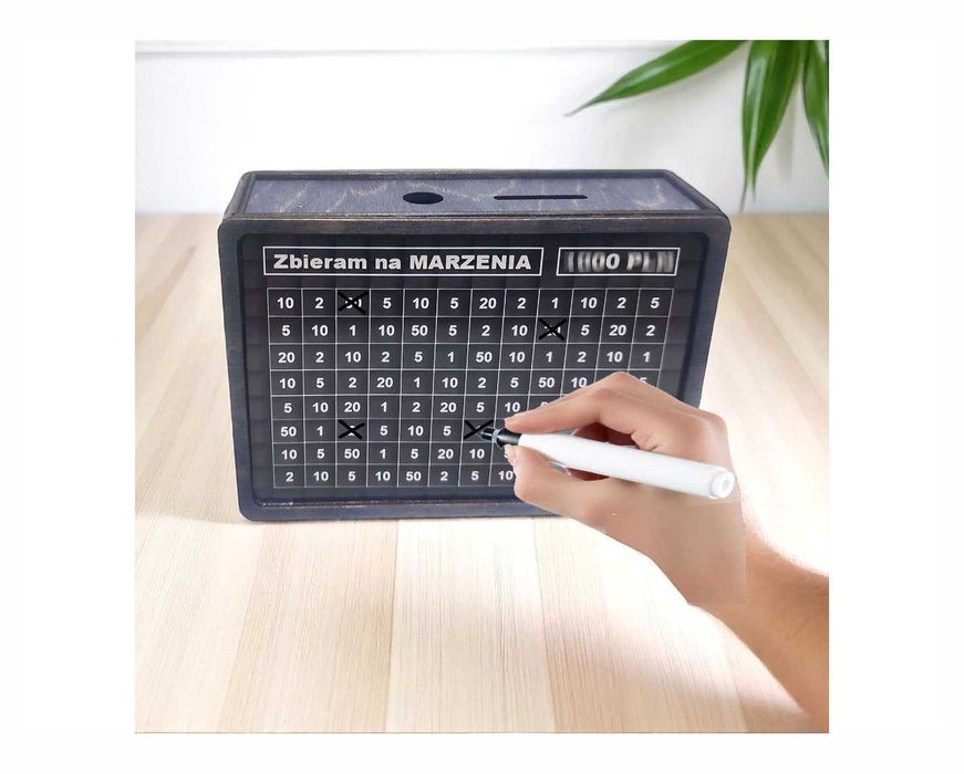 SKARBONKA DREWNIANA Wykreślanka 3 Karty 1000 zł 2000 zł 3000 zł Pisak