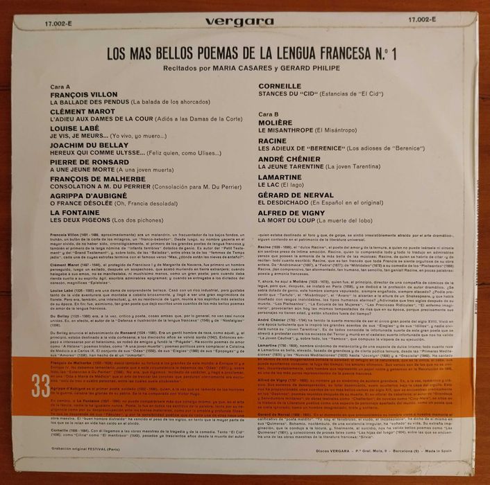 vinil: “Los mas bellos poemas de la lengua francesa, nº 1”