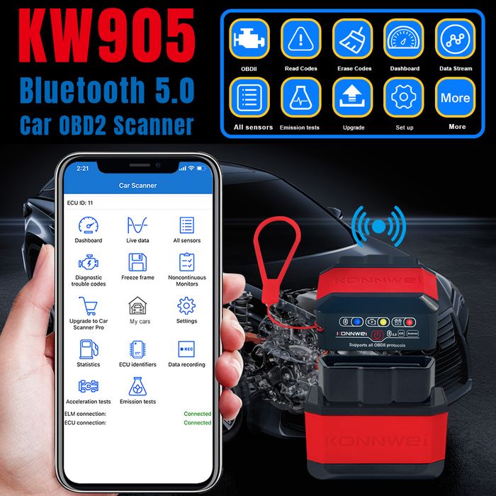 Konnwei KW905 Bluetooth 5.0 діагностичний OBD 2 сканер