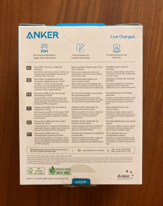 Зарядний пристрій Anker 140 GaN. Євро вилка. 240W Кабель. Екран. Новий