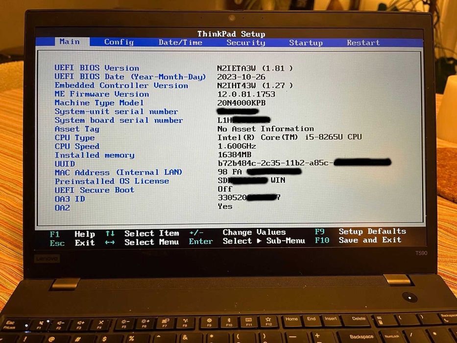 Laptop Lenovo ThinkPad T590 Intel i5-8265U 16GB RAM, dysk 500GB